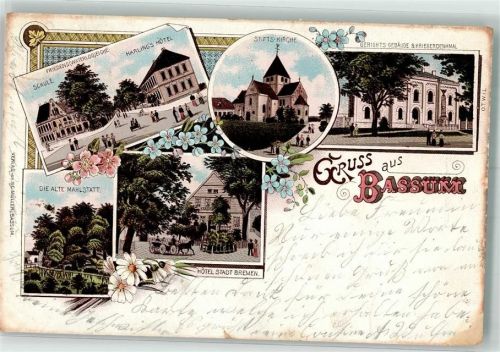 Bassum 1903 Waterloo-Eiche Alte Mahlstatt Hotel Stadt Bremen Stiftskirche Gerichtsgebäude Bahnpost Hamburg- Lithographie