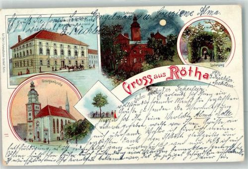 04571 O7209 Rötha Lithographie / Mondschein Gasthaus Rosen Schloß Georgenkirche Laubengang