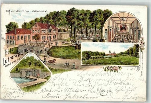 38154 W3308 Lutterspring , Wirtshaus 1898 Lithographie Hotel-Gasthaus Lutterspring Saal Schwimmbad Garten