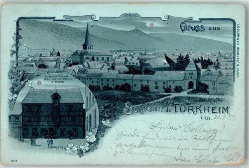 68230 Turckheim Türkheim 1899 Gebrauchsspuren Altdeutsche Weinstube Gasthaus Hotel Zwei Schlüssel A. Meyer Lithographie/Mondschein