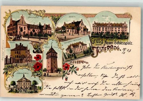 14913 O1700 Jüterbog 1903 Lithographie Neuer Schießplatz Wasserturm Wache Unteroffizier-Wohnungen Kaserne Offizierkasino