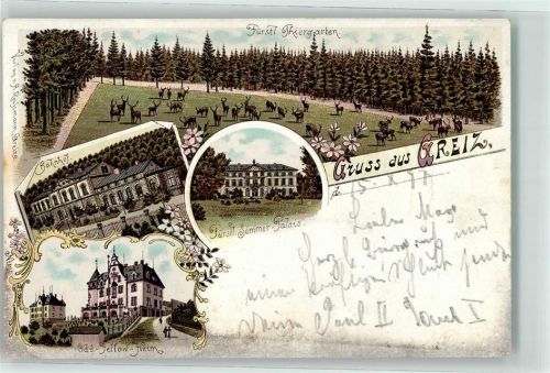 07973 O6600 Greiz Lithographie Fürstl. Tiergarten Odd-Fellow-Heim Fürstl. Sommer-Palais Stempel Paul Schnauder Privat-Post
