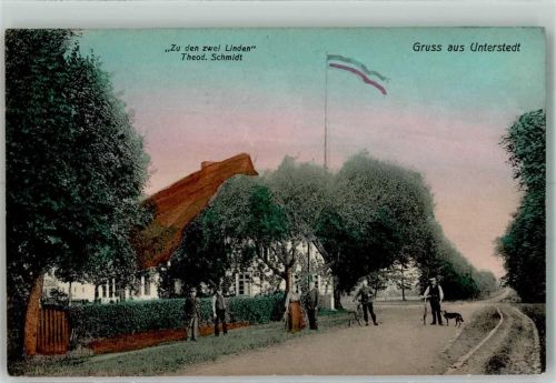 Unterstedt 1909 Gasthaus Zu den zwei Linden Reetdach Mann mit Hund Fahrradfahrer