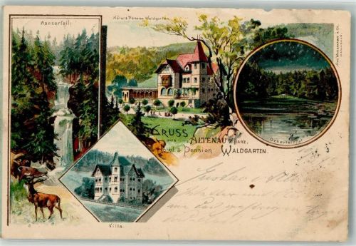 Altenau 1898 Lithographie Wasserfall Hotel Pension Waldgarten Ockerteich Villa