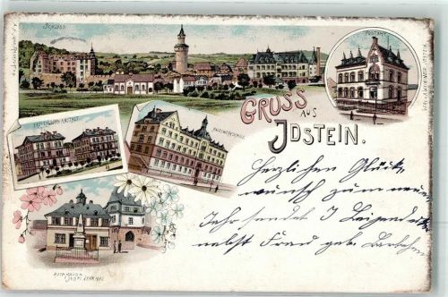 65510 W6270 Idstein Lithographie Postamt Bauwerkschule Erziehungs-Anstalt Rathaus