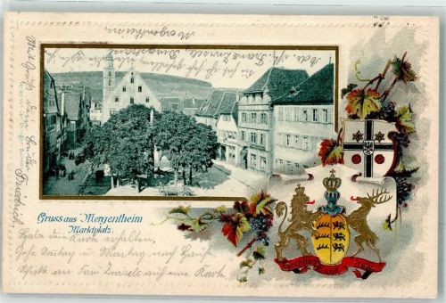 97980 W6990 Bad Mergentheim 1902 Prägedruck Marktplatz Wappen Passepartout