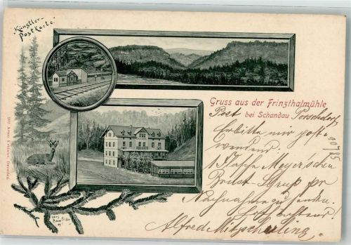 01814 O8320 Bad Schandau 1900 Künstlerkarte Frinzthalmühle Bahnstation Rehbock Zeichnung Bahnpost Schandau - Zg. 949