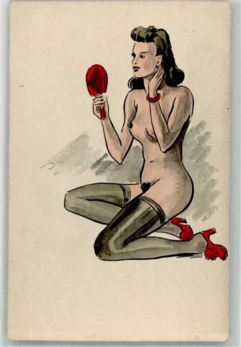 Nude Handspiegel halterlose Strümpfe Bildkarte FKK KEINE AK