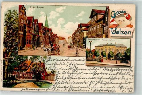 Uelzen 1899 Gudes-Straße Gasthaus Fischerhof Kriegerdenkmal Realgymnasium Bahnpoststempel selten