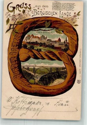W5650 Solingen Gruss aus dem bergischen Lande Burger Brezel Lithographie Brezel 1899 Gebrauchsspuren