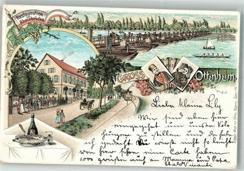 Ottenheim 1898 Trachten Gasthaus zur Rheinbrücke Fischteller Schiffsbrücke