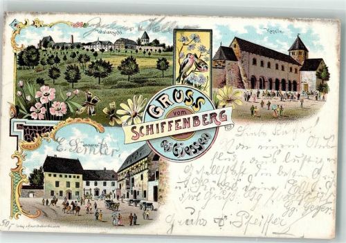 35390 W6300 Gießen , Lahn 1902 Lithographie Schiffenberg Singvögel Innerer Hof Kapelle