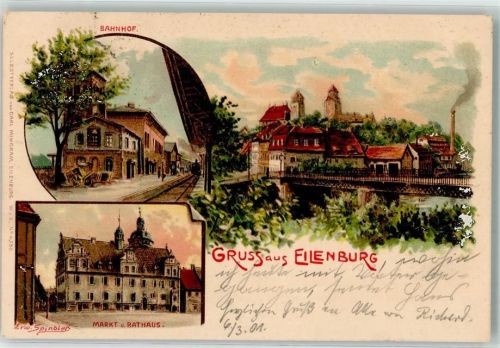 04838 O7280 Eilenburg 1901 Künstlerkarte Bahnhof Rathaus Marktplatz Eilenburg sign. Erw. Spindler