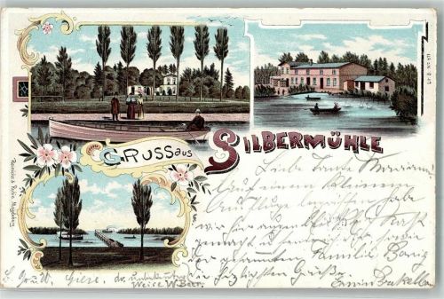 Plau 1899 Gasthaus Silbermühle Plauer See Schwäne Ruderboot
