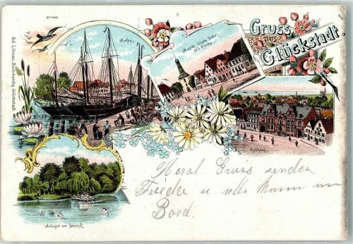 25348 W2208 Glückstadt 1898 Lithographie Hafen Segelschiff Markt Rathaus Schwanenteich