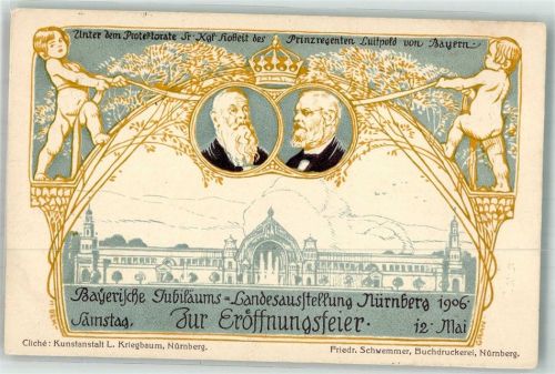 W8500 Nürnberg Bayer. Landesausstellung Luitpold v. Bayern Protektorat Jugendstil Gewerbeausstellung 1906 Lithographie / Künstlerkarte
