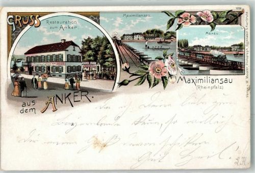 Maximiliansau 1899 Gasthaus zum Anker Schiffbrücke Eisenbahn Maxau Lithographie