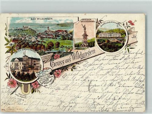34537 W3590 Bad Wildungen 1894 Gebrauchsspuren Vorläufer Krieger- und Siegesdenkmal Badelogierhaus Hotel Zimmermann Lithographie