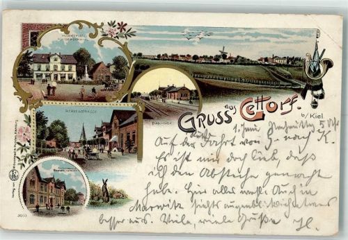 Gettorf 1903 Herrenstraße Hase Marktplatz Bahnhof Windmühle Bahnpost Kiel Lithographie