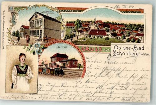24217 W2306 Schönberg Holstein 1901 Gebrauchsspuren Volkstracht Bahnhof Probsteiner Ackerbauschule Lithographie