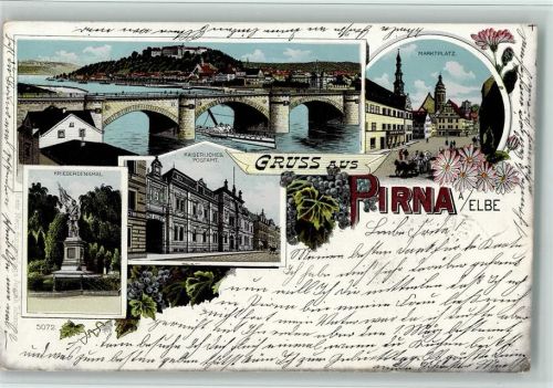 Pirna 1901 Gruss aus - Gebr. Metz 5072 - Kriegerdenkmal, Brücke , Postamt AK
