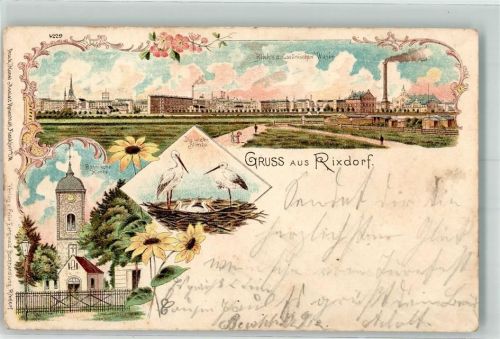 Rixdorf 1900 Böhmische Kirche Storchenest Storchenfamilie Coellnische Wiesen Lithographie