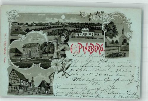 91358 W8551 Pinzberg 1900 Lithographie / Mondschein Mariakapelle Hotel Zametzer Dorfplatz Pavillon