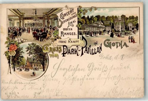 99867 O5800 Gotha , Thür 1899 Gebrauchsspuren Vergnügunslokal Park-Pavillon Saal Garten Rosen Lithographie