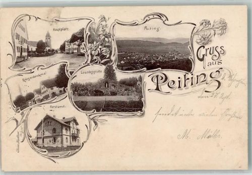 86971 W8922 Peiting 1897 - Hauptplatz Forstamt Kriegerdenkmal Lourdesgrotte