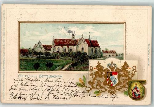 97337 W8716 Dettelbach 1904 Prägedruck Wappen Marienbildnis Walfahrtskirche Maria im Sand Passepartout