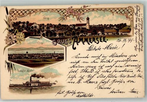86919 W8919 Utting a. Ammersee 1899 Lithographie Dampfer Gisela Ammersee Utting