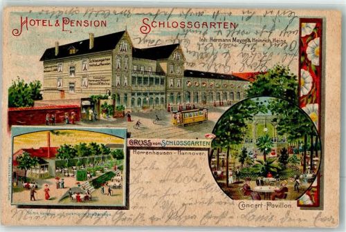 Herrenhausen 1901 Hotel Schloßgarten Straßenbahn Konzert-Pavillon Lithographie