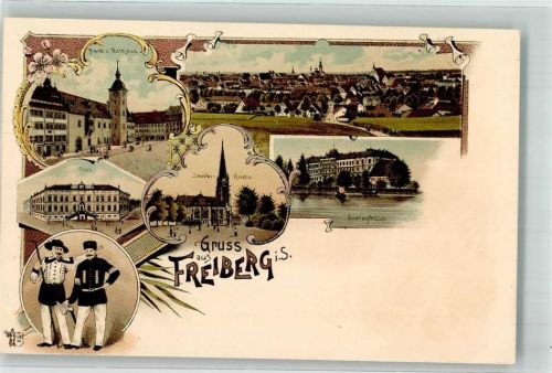 09599 O9200 Freiberg , Sachs Lithographie Markt Rathaus Jacobi Kirche Justizgebäude Post Trachten