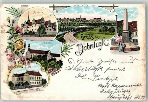 Dobrilugk 1903 Schule Kirche Schloß Lithographie Bahnpost Berlin-Dreden Zg. 311