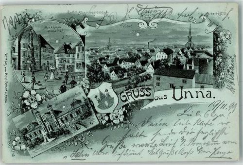 59423 W4750 Unna 1899 Lithographie / Mondschein Marktplatz Denkmal Badehaus Königsborn Stadtwappen