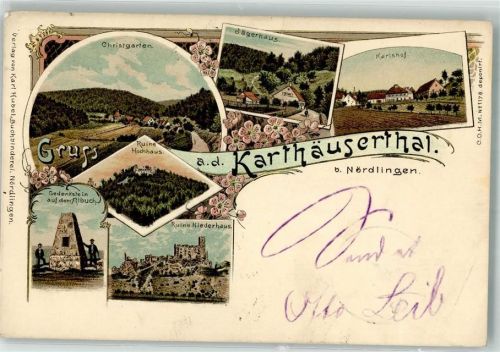Nördlingen 1898 Lithographie Karthäusertal Gedenkstein Ruine Hochhaus Jägerhaus Christgarten Karlshof
