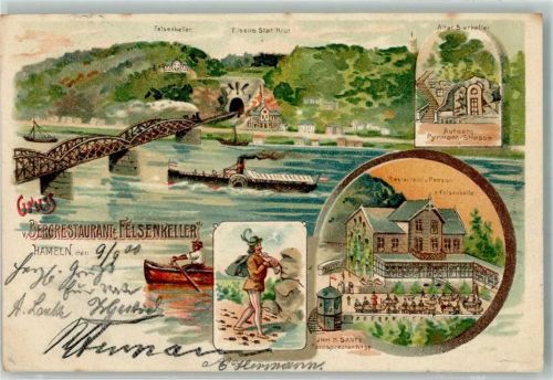 31785 W3250 Hameln 1900 Lithographie Weserbrücke Alter Bierkeller Rattenfänger Gasthaus zum Felsenkeller