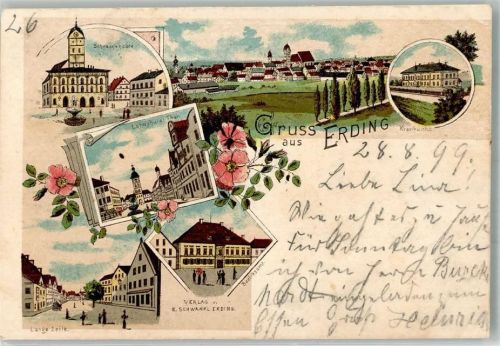 85435 W8058 Erding 1899 Gebrauchsspuren Lithographie Schrannenplatz Krankenhaus Bezirksamt