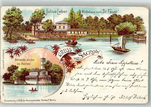 15913 O7551 Sacrow 1901 Lithographie Gasthaus zum Dr. Faust Heilands Kirche zu Sacrow