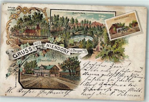 29468 W3134 Bergen Dumme 1899 Gebrauchsspuren Niendorf Dorfkirche mit Friedhof Busses Park Altes Bauernhaus H. Busses Gasthaus Lithographie