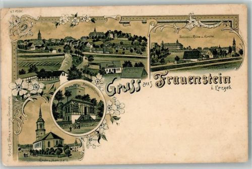 09623 O9202 Frauenstein , Sachs 1902 Gebrauchsspuren Lithographie Schlossruine Parkschlösschen Marktplatz