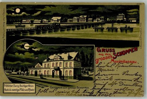 76744 W6729 Maximiliansau 1904 Lithographie Gasthaus zum großen Schoppen Schiffbrücke Eisenbahn