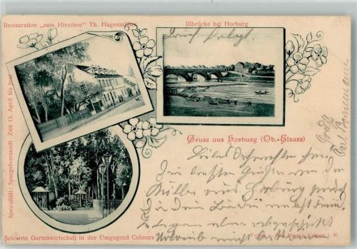 Colmar 1900 Gasthaus zum Hirschen Illbrücke Horburg Ort lt. Stempel