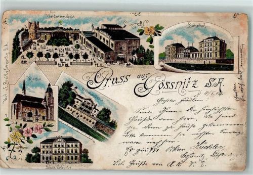 Gößnitz 1904 Waidmannsheil Bahnhof Kirche Wilhelmshöhe Neue Schule Lithographie