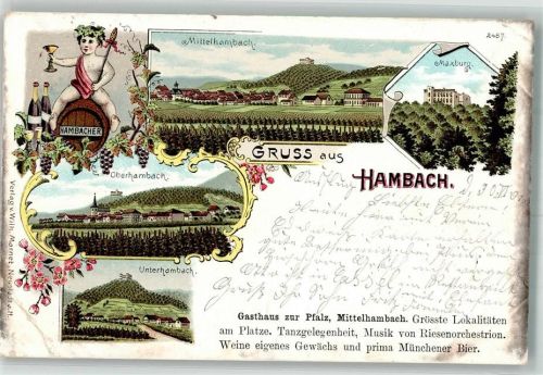 Hambach 1901 Lithographie Bacchus Maxburg Unterhambach Mittelhambach Oberhambach