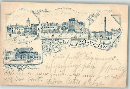 Darmstadt 1900 Verläufer Druck um 1890 Grossherz. Residenzschloß Marktplatz Theater Ludwigssäule