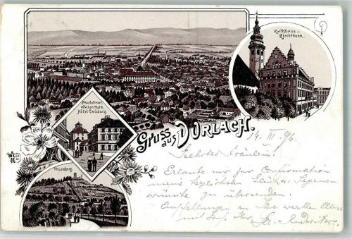 Durlach 1896 Verläufer Druck um 1890 Wasserturm Hotel Carlsburg Rathaus Thurmberg