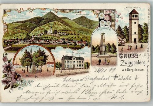 Zwingenberg 1899 Marktplatz Rathaus Schule Melibocusturm Kriegerdenkmal