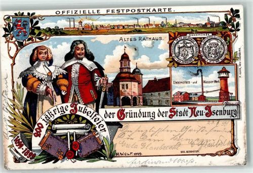 63263 W6078 Neu-Isenburg 1899 Lithographie 200 jährige Jubelfeier der Gründung Altes Rathaus Elektricitäts u. Wasser Werk Denkmünze Wasserturm