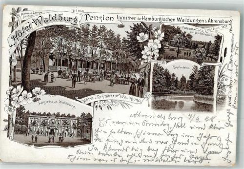 Ahrensburg 1898 Verläufer Druck 1890 - 95 Hotel Waldburg Logirhaus Karpfenteich Bahnpost Hamburg-Lübeck Zg. 35